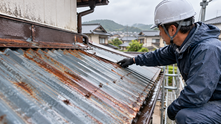 トタン屋根 雨漏り修理 自分でできる?安全な応急処置と補修判断の解説イメージ