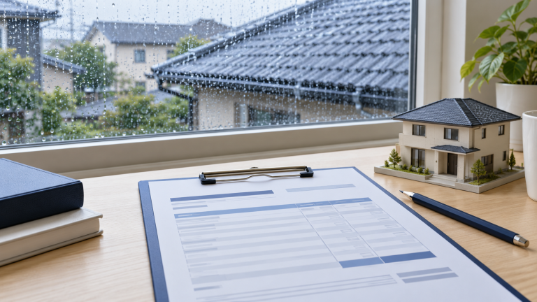 雨の日の住宅と修理見積書のイメージ