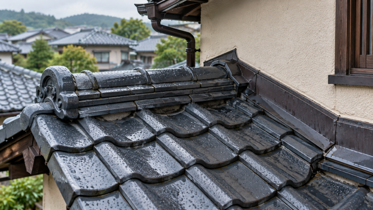 雨上がりの瓦屋根の棟と外壁の接合部