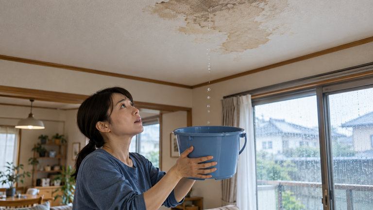 雨漏りした室内で水滴を受ける様子